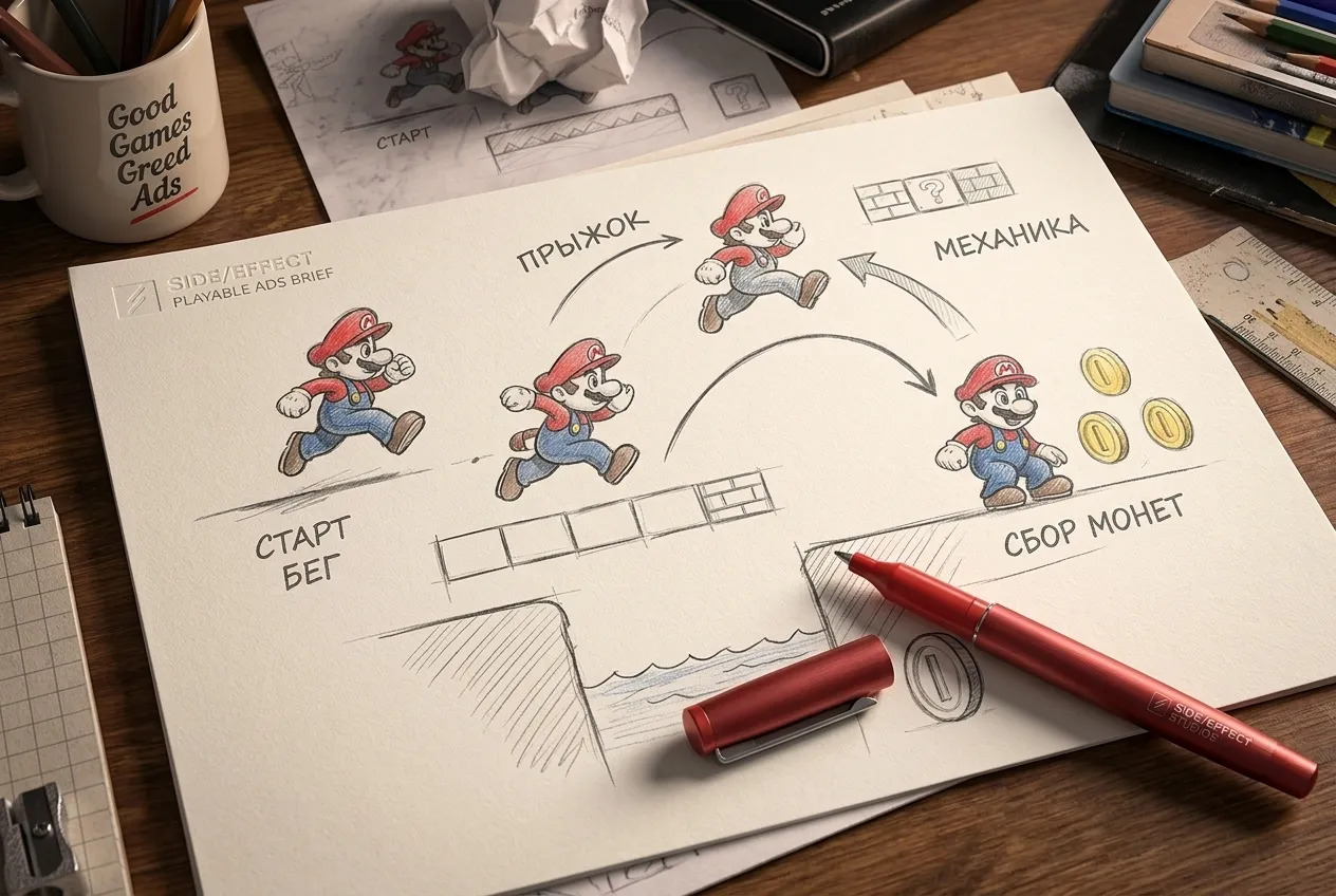 Illustrative brief concept: paper sketches of platformer jumps and a red marker.